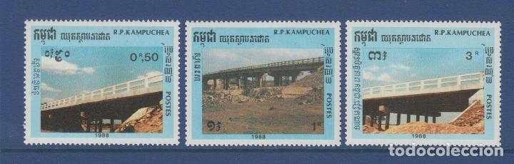 CAMBOYA - KAMPUCHEA 1989 IVERT 851/53 *** EDIFICACIÓN NACIONAL - ARQUITECTURA - PUENTES (Sellos - Extranjero - Asia - Camboya)