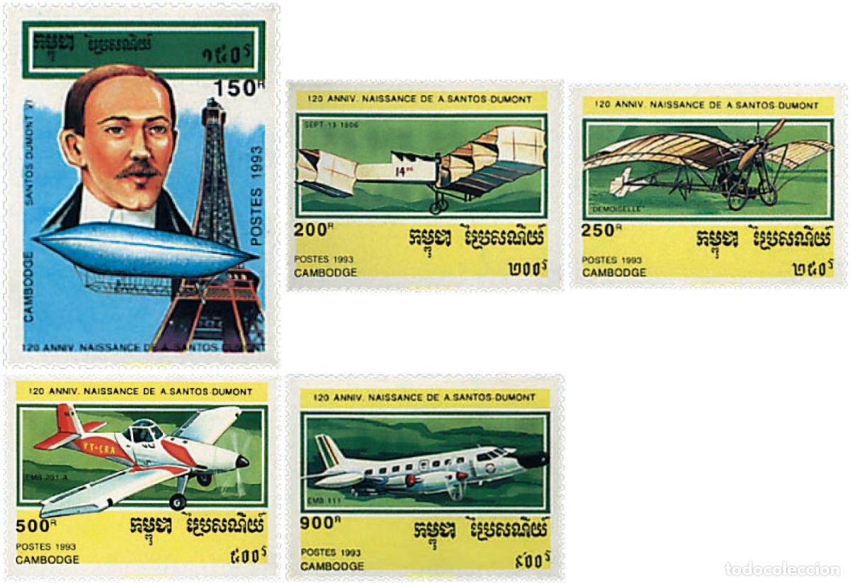 Sellos: 70283 MNH CAMBOYA 1993 120 ANIVERSARIO DEL NACIMIENTO DE SANTOS-DUMONT