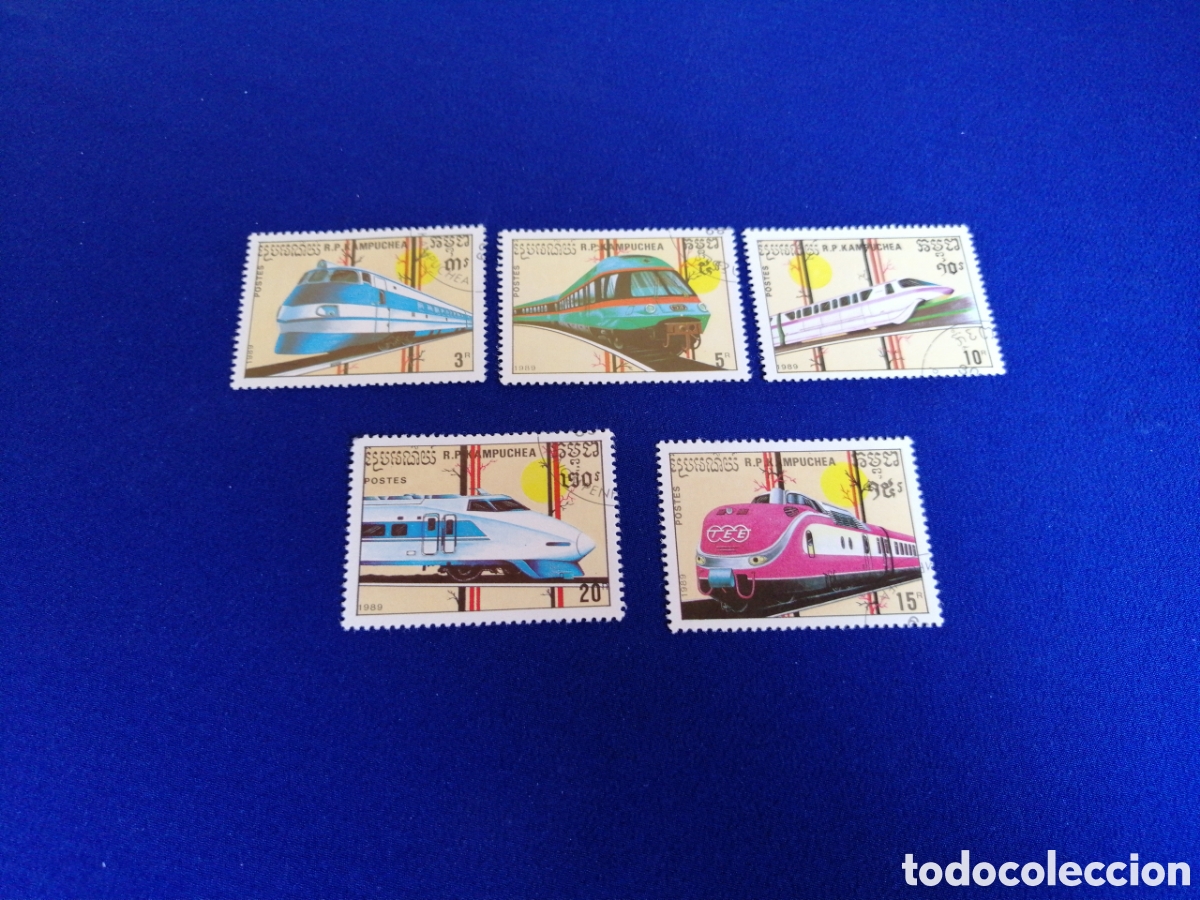 Sellos: CAMBOYA LOTE LOCOMOTORAS TREN SELLO USADO