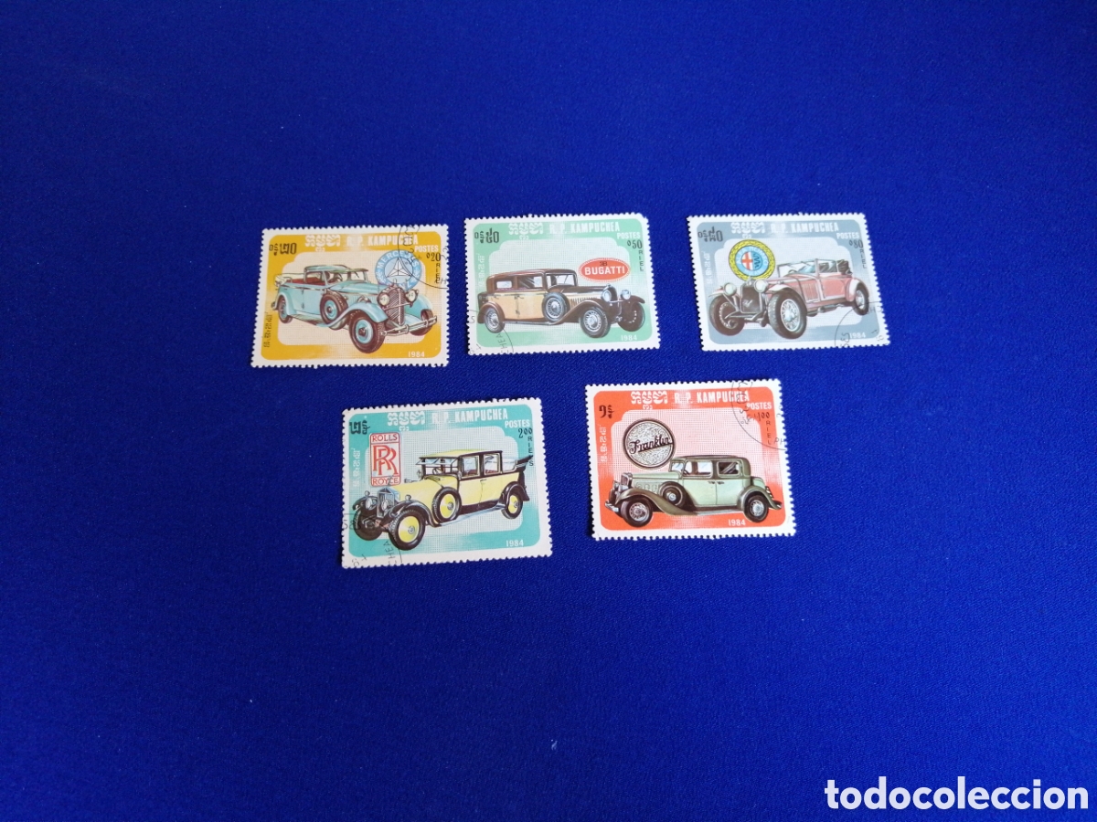 Sellos: CAMBOYA LOTE COCHES ANTIGUOS ROLLS ROYCE - ALFA ROMEO - BUGATTI - MERCEDES SELLO USADO