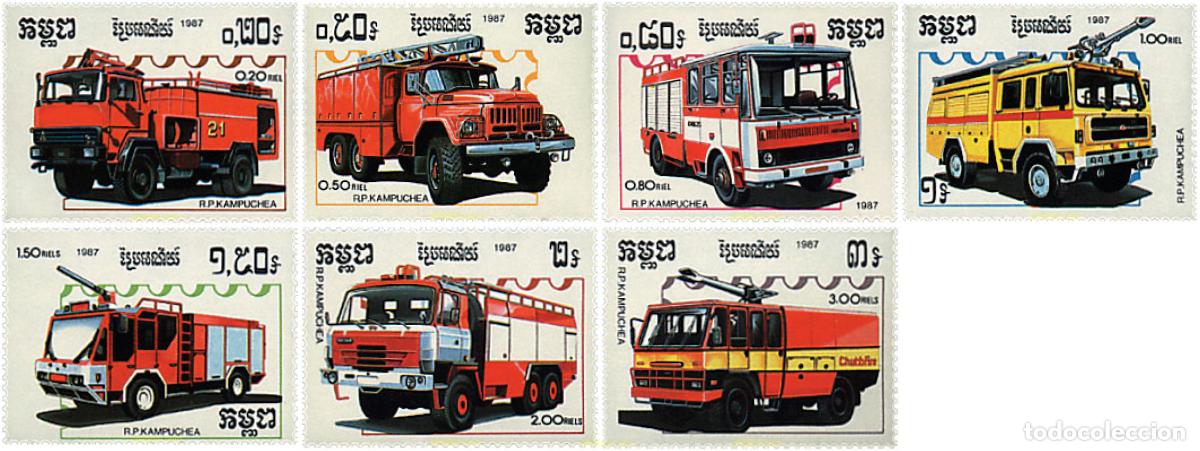 Sellos: 39542 MNH CAMBOYA KAMPUCHEA 1987 COCHES DE BOMBEROS