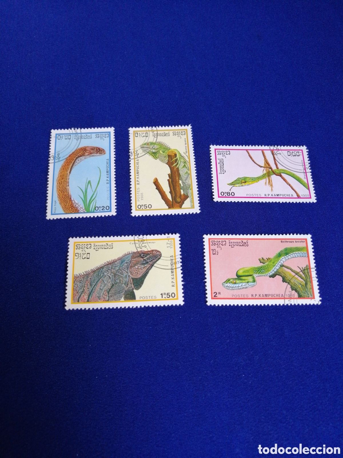 Sellos: REP&Uacute;BLICA DE KAMPUCHEA (CAMBOYA) LOTE REPTILES SELLOS USADOS MATASELLADOS