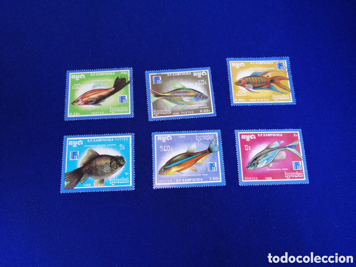 Sellos: REP&Uacute;BLICA DE KAMPUCHEA (CAMBOYA) LOTE PECES SELLOS USADOS MATASELLADOS