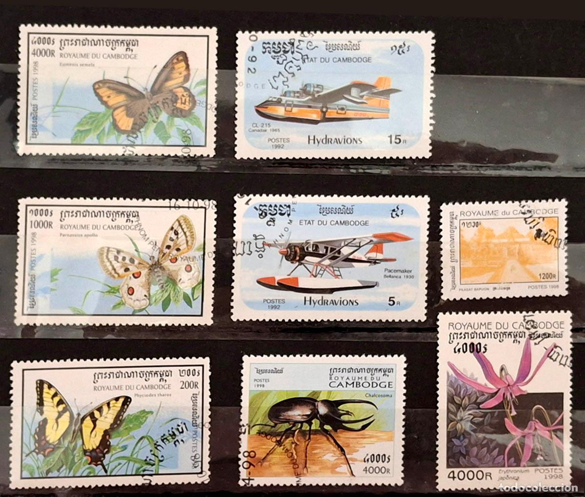 Sellos: 8 sellos de Camboya - Mariposas, insectos y aviones