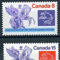Sellos: CANADA 1974 IVERT 548/9 *** CENTENARIO DE LA UNIÓN POSTAL UNIVERSAL