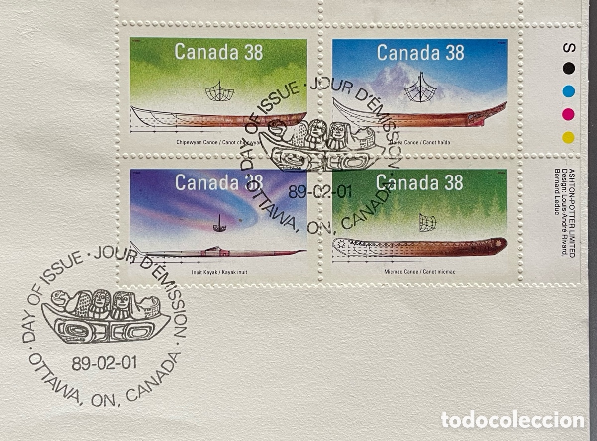 Sellos: Canad&aacute;. Canoas. Sobre. 1989 - Foto 2