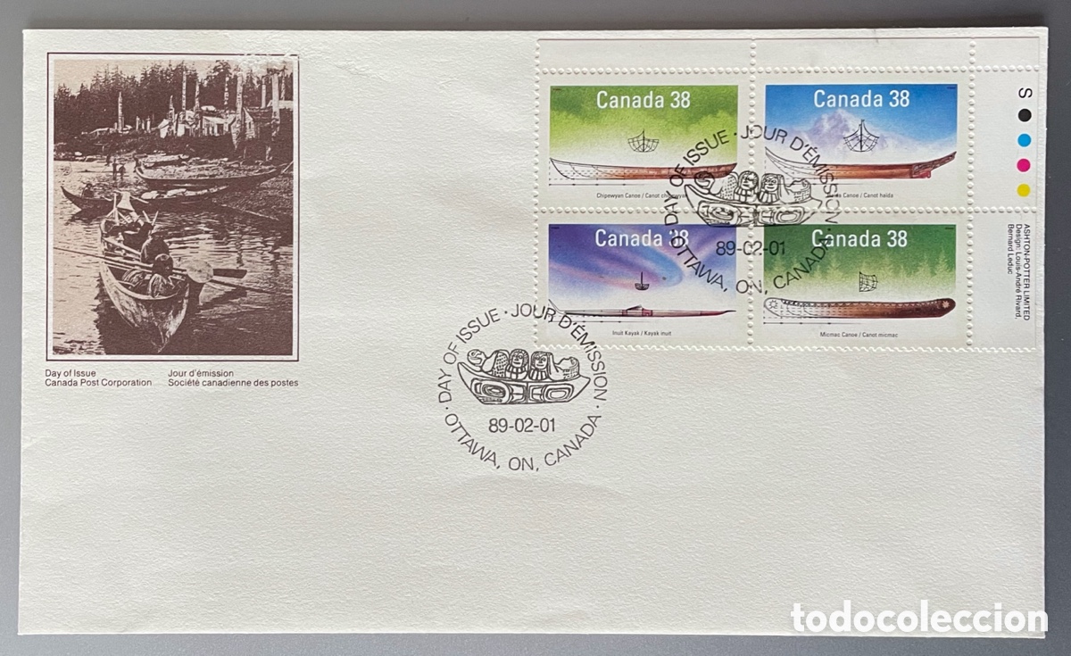Sellos: Canad&aacute;. Canoas. Sobre. 1989 - Foto 1