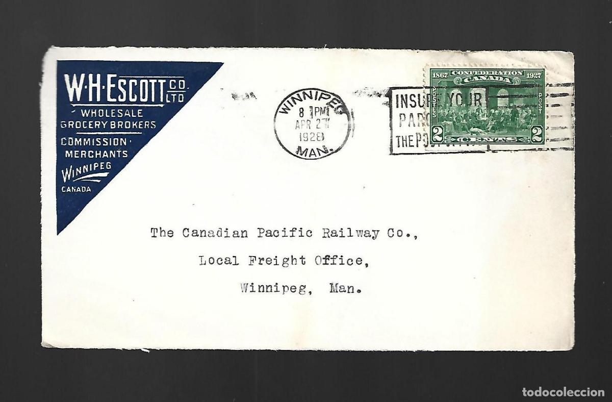 Timbres: WINNIPEG 1928 wh escott grocery brokers CANADA front of the cover frontal de la carta