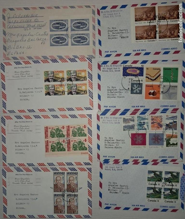 Sellos: 64 cartas a&eacute;reas de Canad&aacute; circuladas a Espa&ntilde;a bloque de 4. A&ntilde;os 65-73