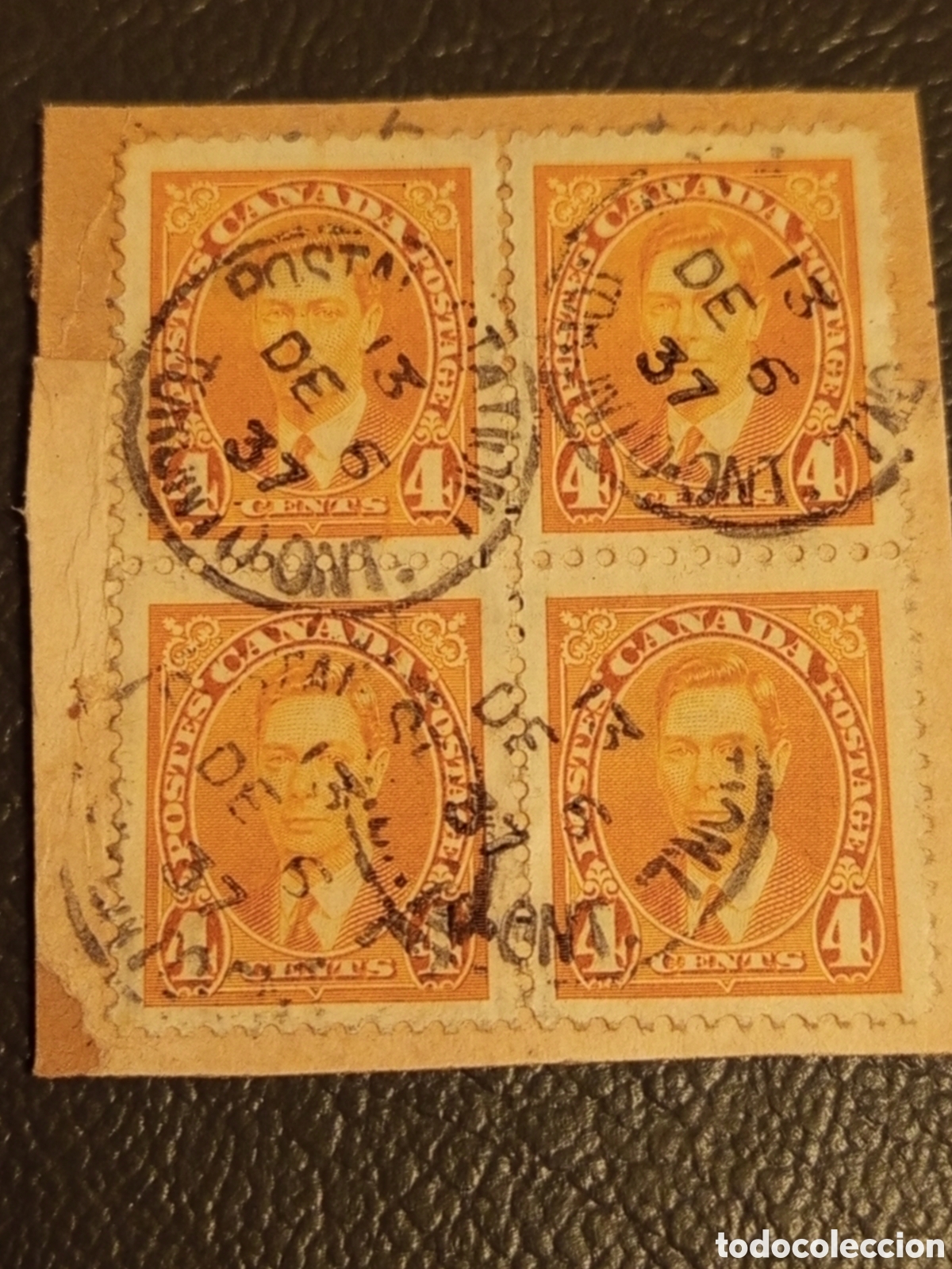 Sellos: Canad&aacute; 1937 Fragmento Bloque de 4 - Jorge VI 4&cent; Usados (Scott #234)