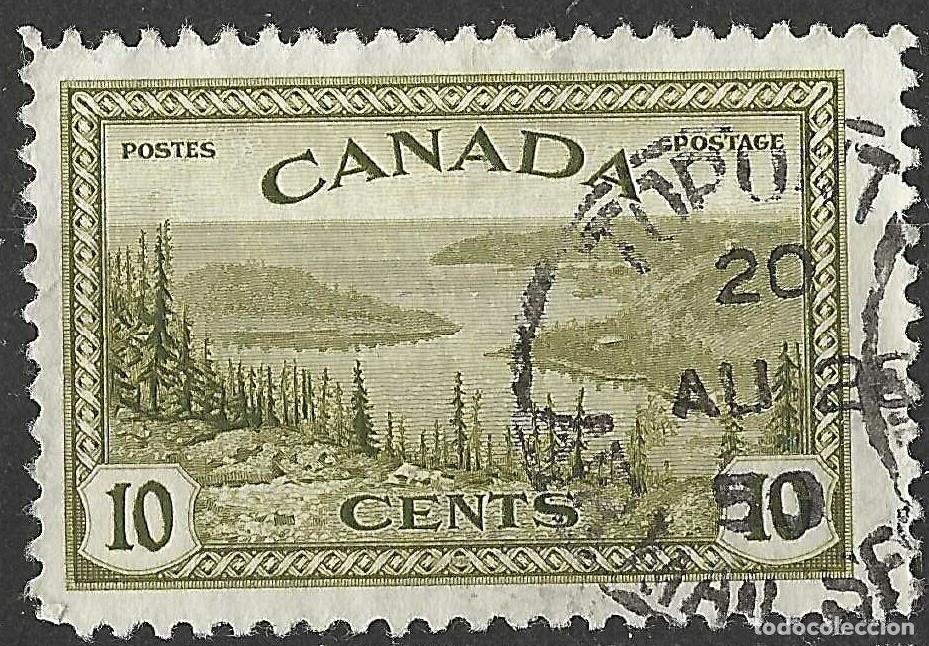 Sellos: CANADA/1946/USED/SC#269/ PAISAJES / LAGO MACKENZIE / 10c OLIVA