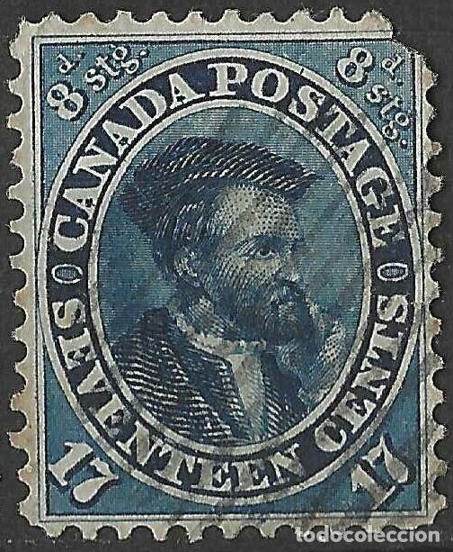 Sellos: CANADA/1852-7/USED/SC#19/ JAQUES CARTIER/ 17c AZUL/ ESQ SUP DERECHA ESTA ROTA