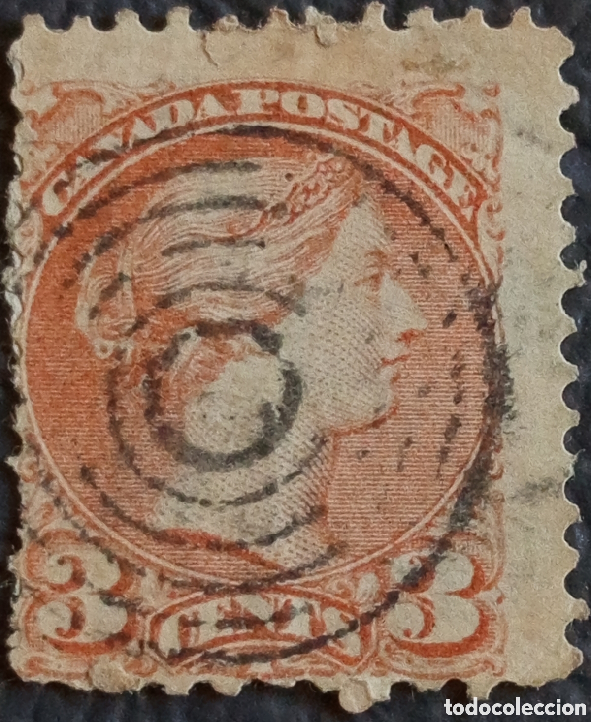 Timbres: Canad&aacute; 1870 Small Queen Victoria 3 Cents Rojo Matasellos Espiral Usado Scott 37