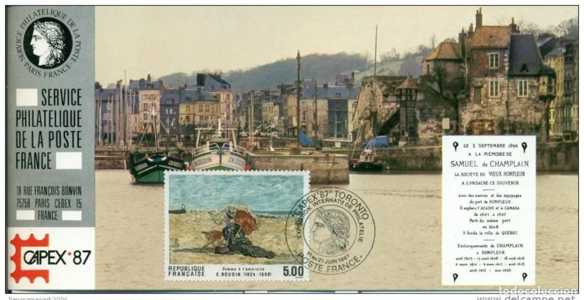 Sellos: 038 Mapa oficial Exposici&oacute;n Canad&aacute; Capex FDC 1987 Francia Samuel de Champlain