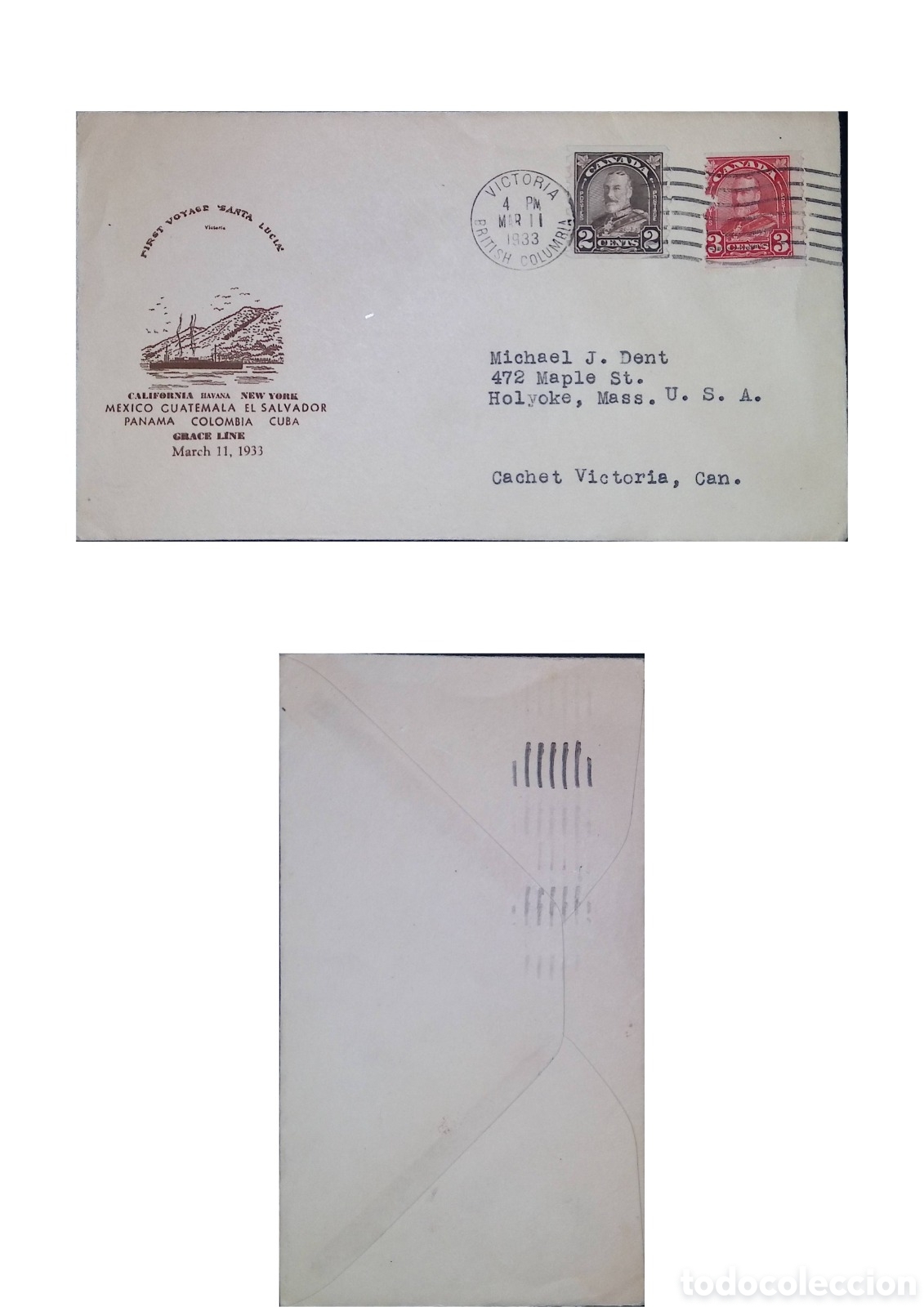 Sellos: CA)Canada &middot; 1933 &middot; First Voyage &ldquo;Santa Luisa&rdquo; &middot; Commemorative cover franked with black and red