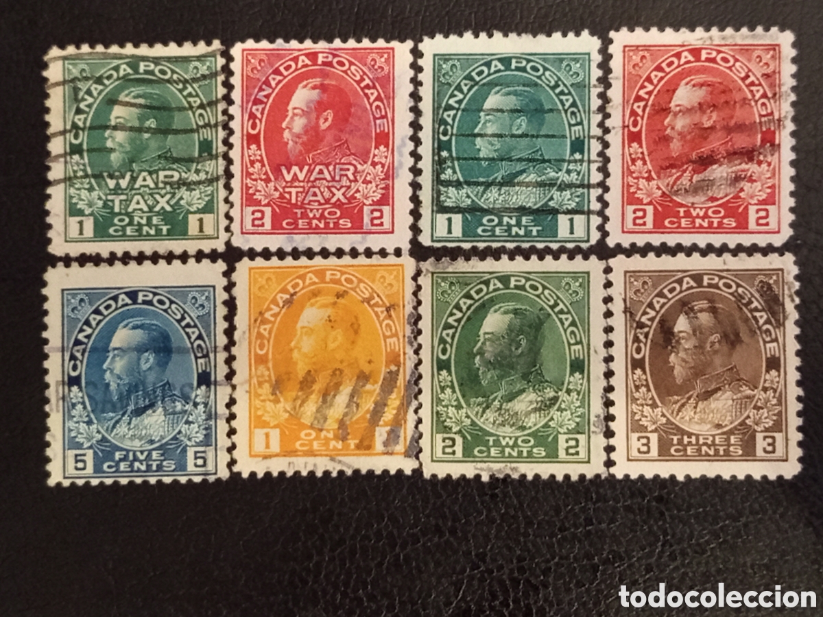 Sellos: Lote 8 Sellos Canad&aacute; 1911-1928 Rey Jorge V Admiral y War Tax - Scott #104-135
