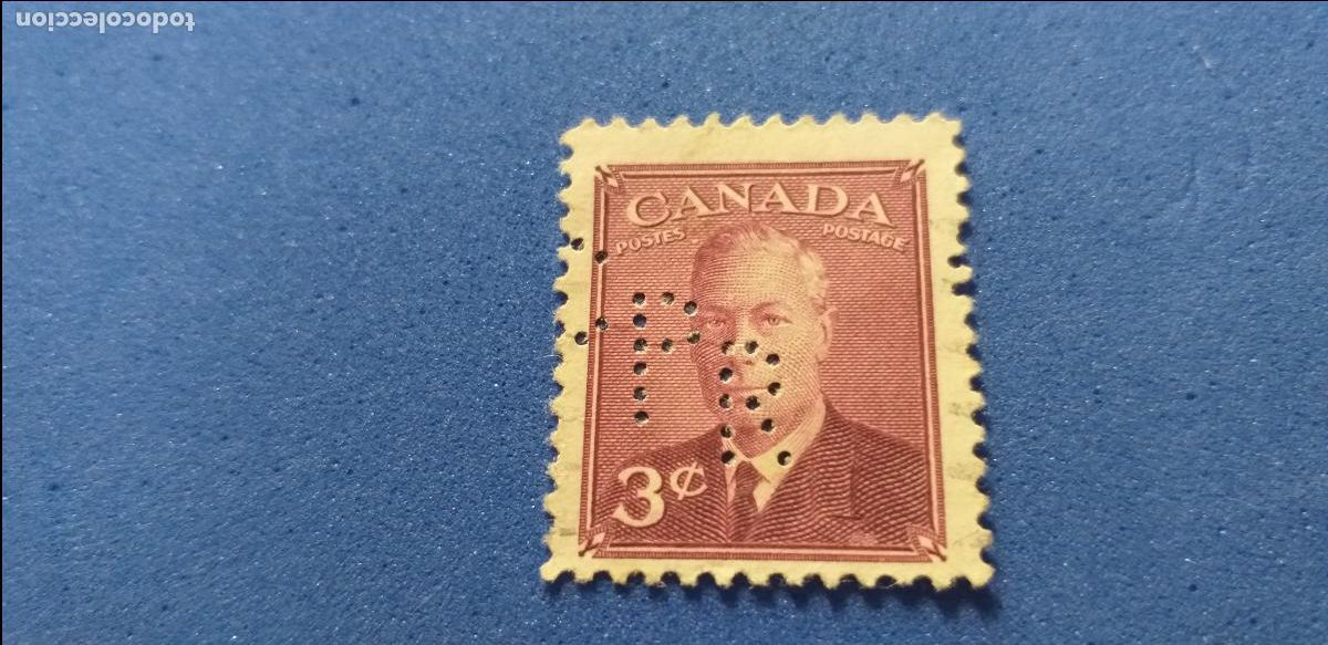 Sellos: Sello perfins. Canad&aacute;. Rey Jorge VI. 3 cent. Usado. Perforado Letras C P R