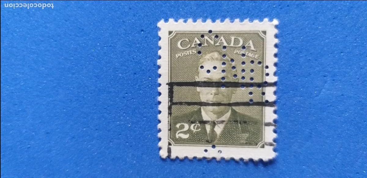 Sellos: Sello perfins. Canad&aacute;. Rey Jorge VI. 2 cent. Usado. Perforado Letras C N R