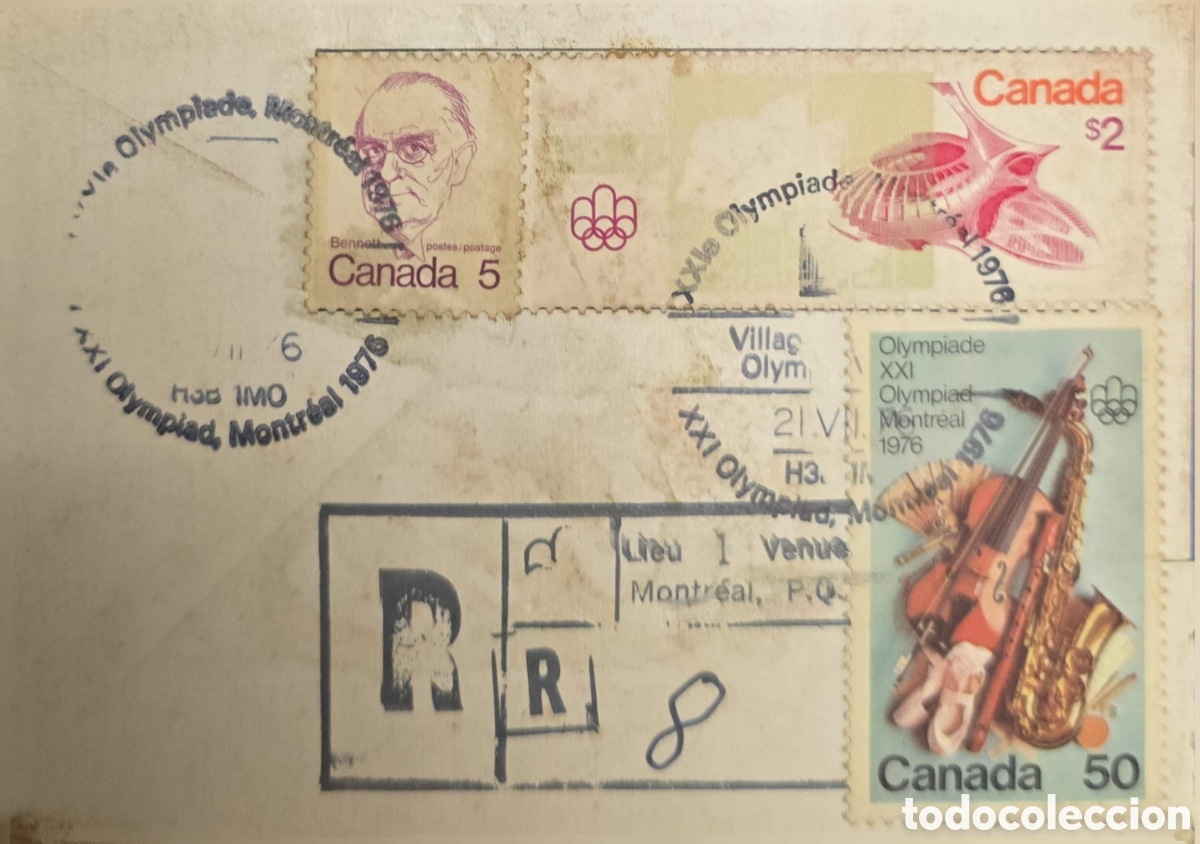 Sellos: CA)Canada + 1976 + Montreal Olympics + Registered postal cover with commemorative stamps (portrait o