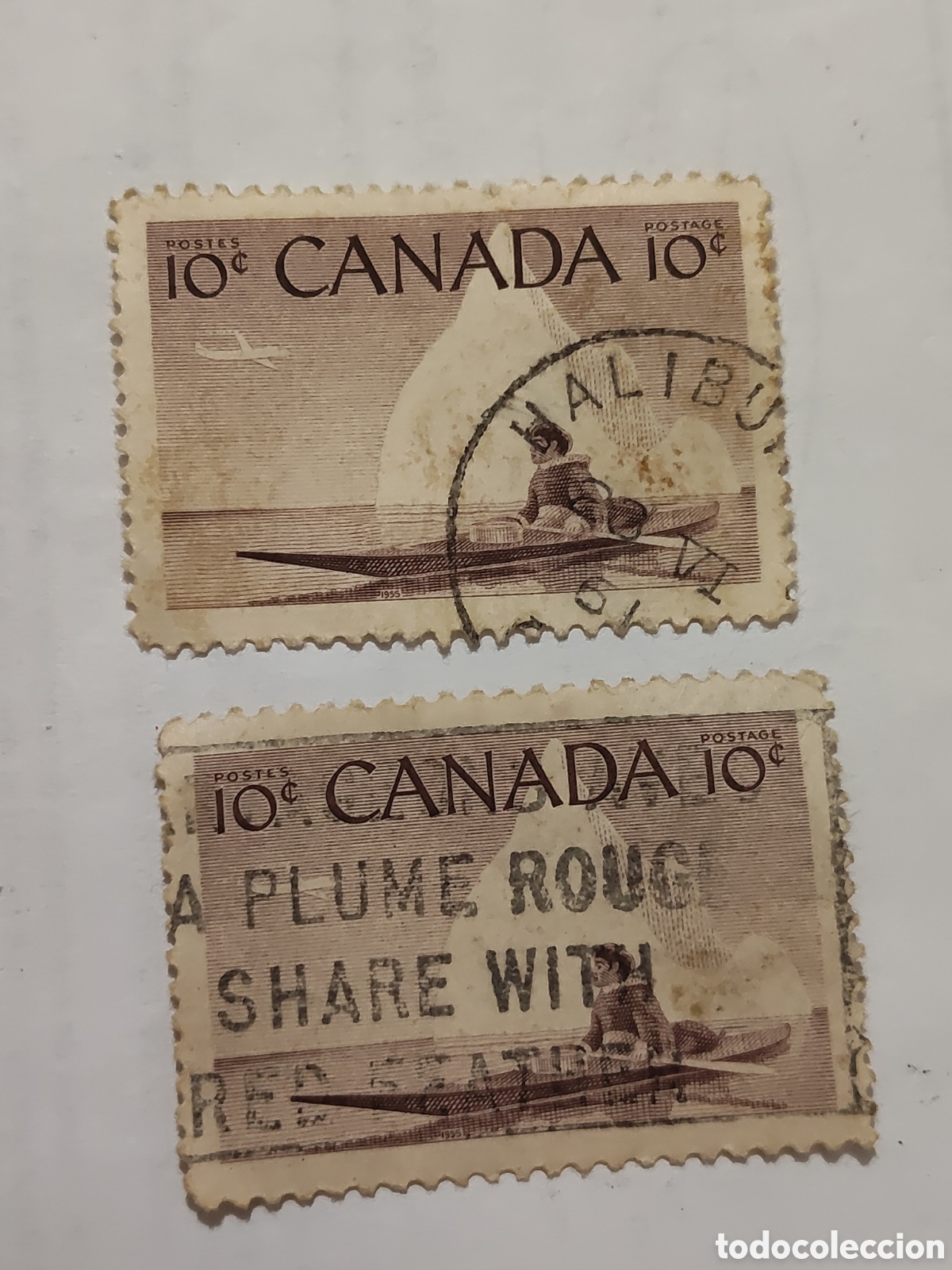 Sellos: 2 Sellos de Canad&aacute; Inuit en Kayak 1950 usado