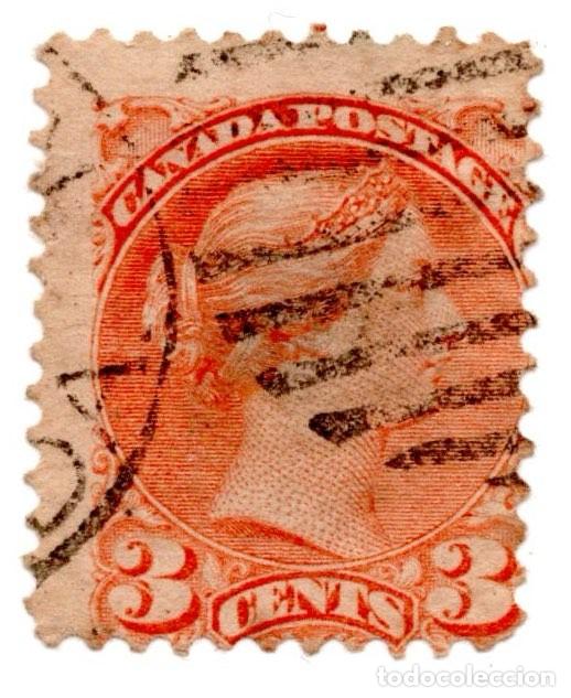 Sellos: Canad&aacute; Cl&aacute;sico &mdash; Victoria &rdquo;Small Queen&rdquo;, 3 Centavos Naranja Rojizo, Usado