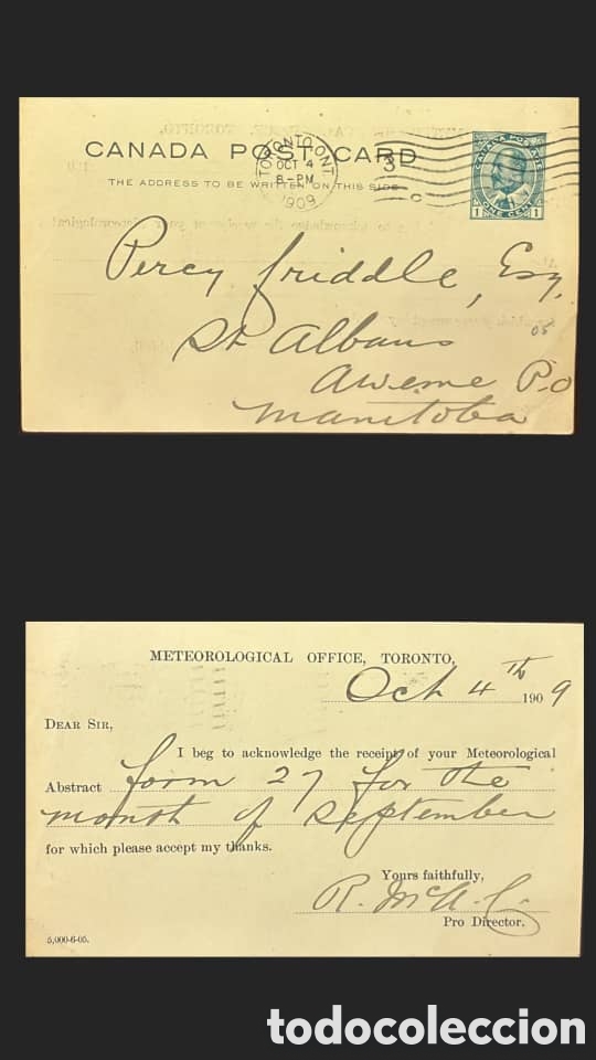 Sellos: CA)Canada, 1909, Meteorological Office Postcard. Official postal card franked with a blue one‑cent E
