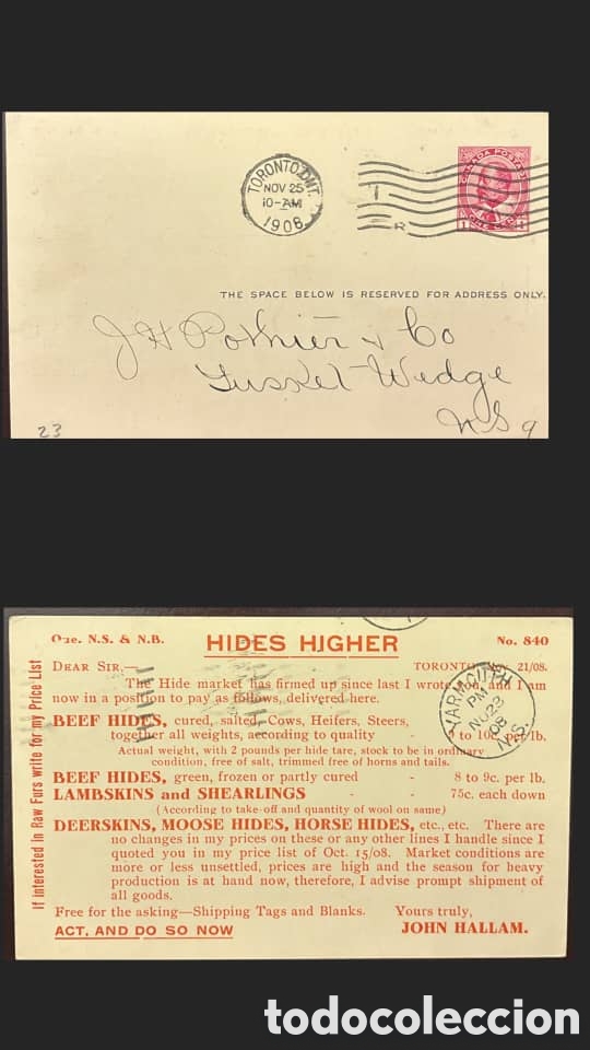Sellos: CA)Canada, 1908, Commercial Hide Trade Postcard. Business correspondence card franked with red stamp