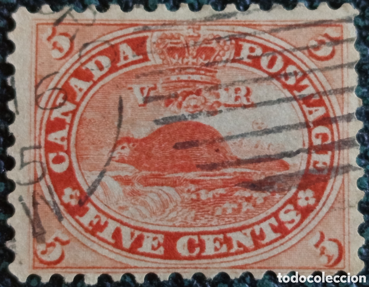 Sellos: Sello Canad&aacute; 1859 - 5 Cents Castor (Beaver) Vermell&oacute;n Usado