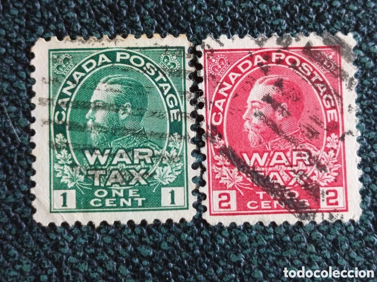 Sellos: Lote 2 Sellos Canad&aacute; 1915 - 1c Verde y 2c Rojo Impuesto de Guerra &rdquo;WAR TAX&rdquo; Usados Scott #MR1 #MR2