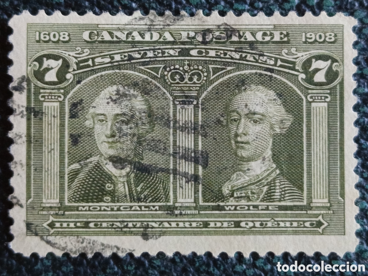 Sellos: Sello Canad&aacute; 1908 - 7 Cents Tercentenario de Qu&eacute;bec (Montcalm y Wolfe) Usado Scott #100