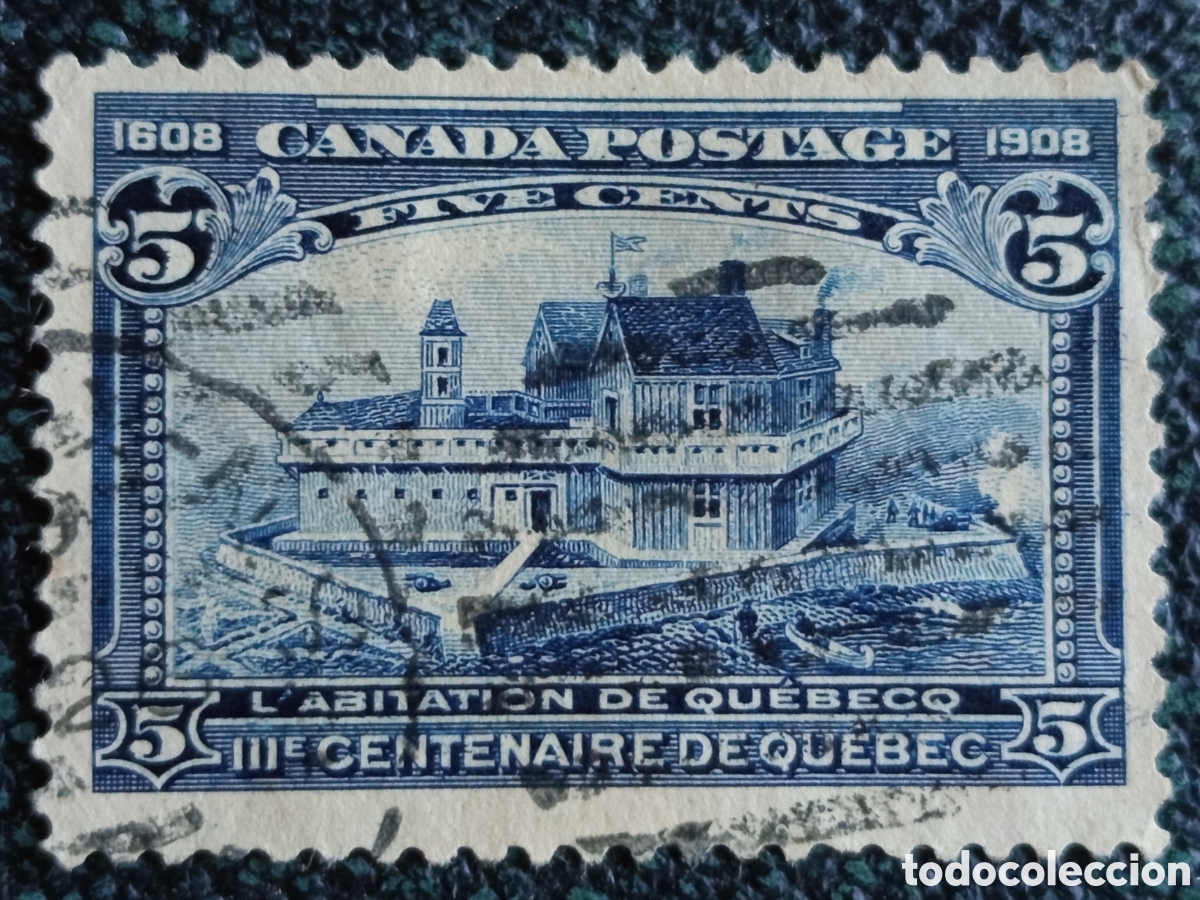 Sellos: Sello Canad&aacute; 1908 - 5 Cents Tercentenario de Qu&eacute;bec (L'Habitation de Qu&eacute;bec) Usado Scott #99