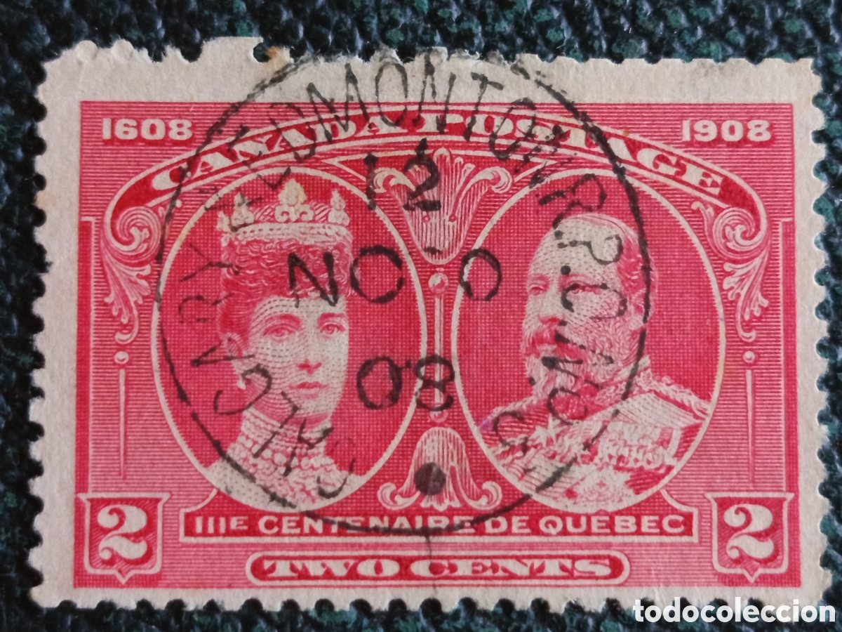 Sellos: Sello Canad&aacute; 1908 - 2 Cents Tercentenario de Qu&eacute;bec (Rey Eduardo VII y Reina Alejandra) Usado Scott