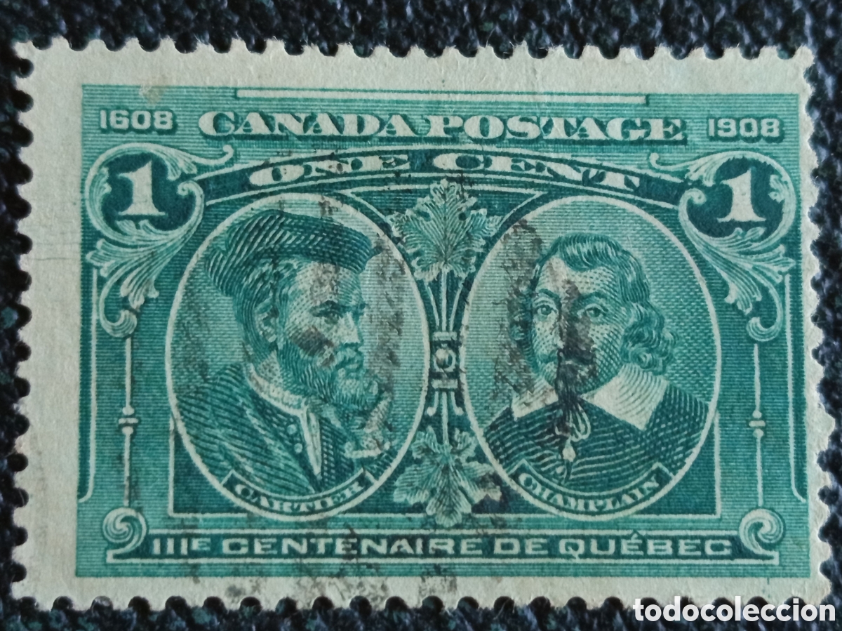 Sellos: Sello Canad&aacute; 1908 - 1 Cent Tercentenario de Qu&eacute;bec (Jacques Cartier y Samuel de Champlain) Usado Sco