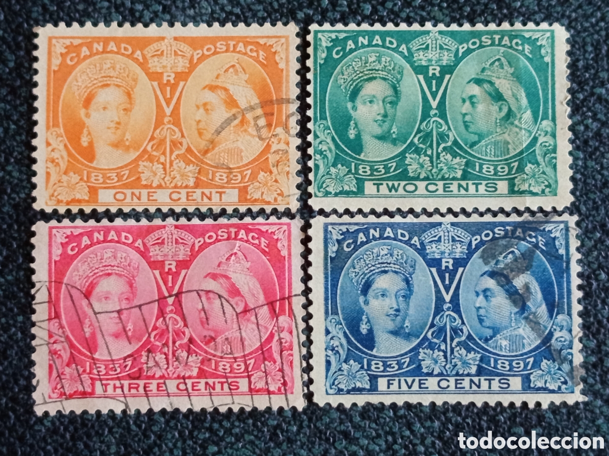 Sellos: Lote 4 Sellos Canad&aacute; 1897 - Conmemorativo Jubileo de Diamante Reina Victoria Usados Scott #51-#54