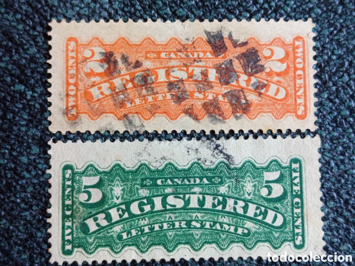 Sellos: Lote 2 Sellos Canada 1875-1888 - Cartas Certificadas 2c Naranja y 5c Verde Usados Scott #F1 #F2