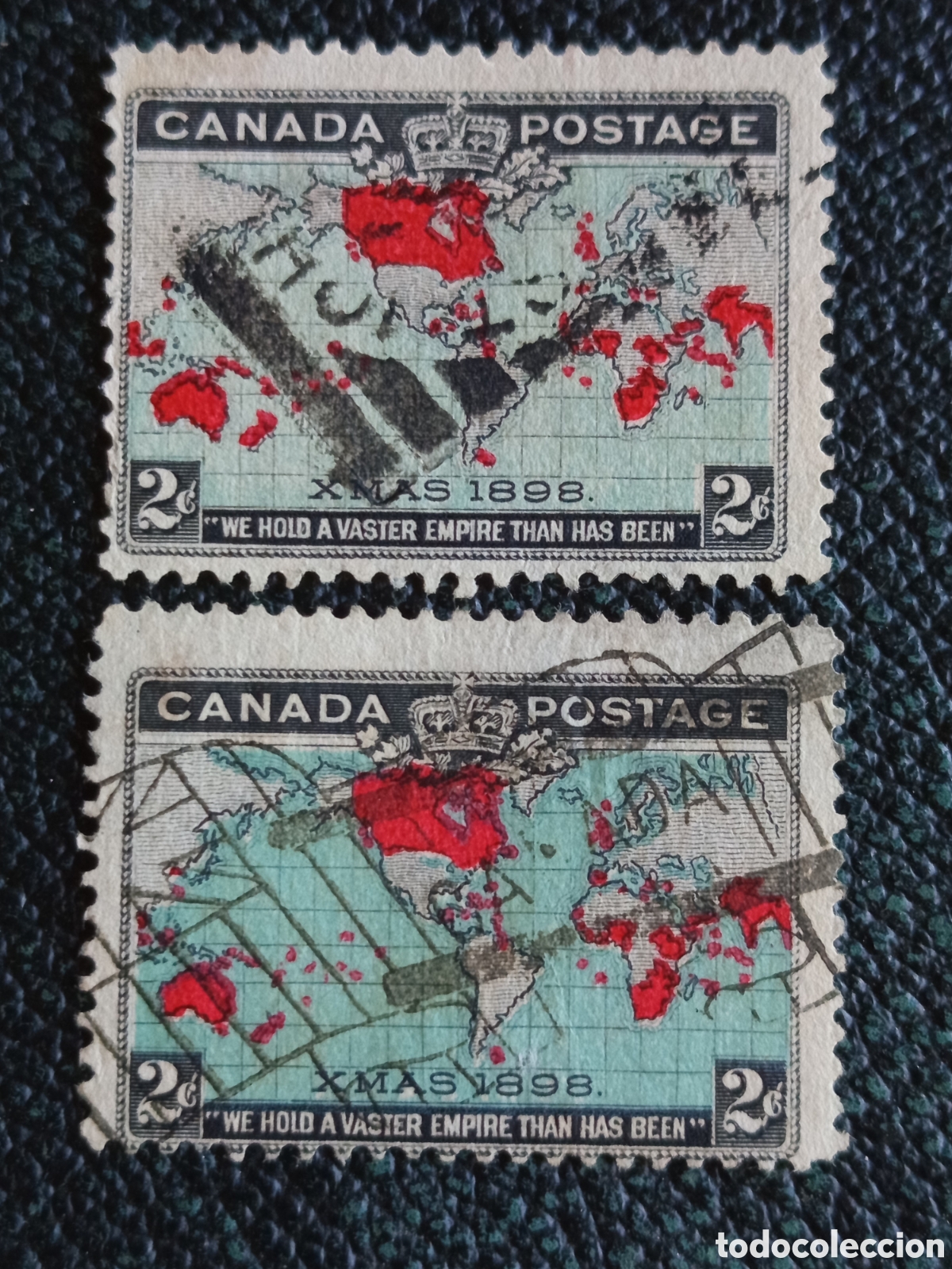 Sellos: Lote 2 Sellos Canad&aacute; 1898 - 2 Cents Mapa del Mundo &rdquo;Imperial Penny Postage&rdquo; (Variedades de Color) Us