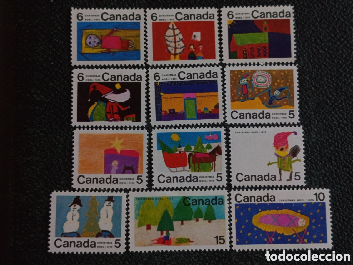 Sellos: Colecci&oacute;n Completa 12 Sellos Canad&aacute; 1970 Navidad Dibujos Ni&ntilde;os Edifil 439/50 MH