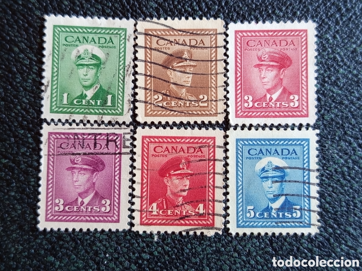 Sellos: Lote 6 Sellos Canad&aacute; 1942 Jorge VI Uniforme Militar Usados Yvert 204/20