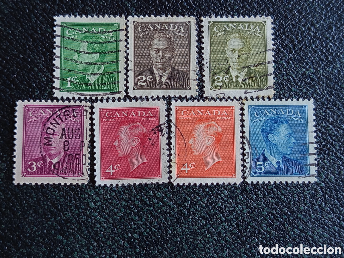 Sellos: Lote 7 Sellos Canad&aacute; 1949-1950 Rey Jorge VI B&aacute;sicos Usados (Scott 284-288/Var)