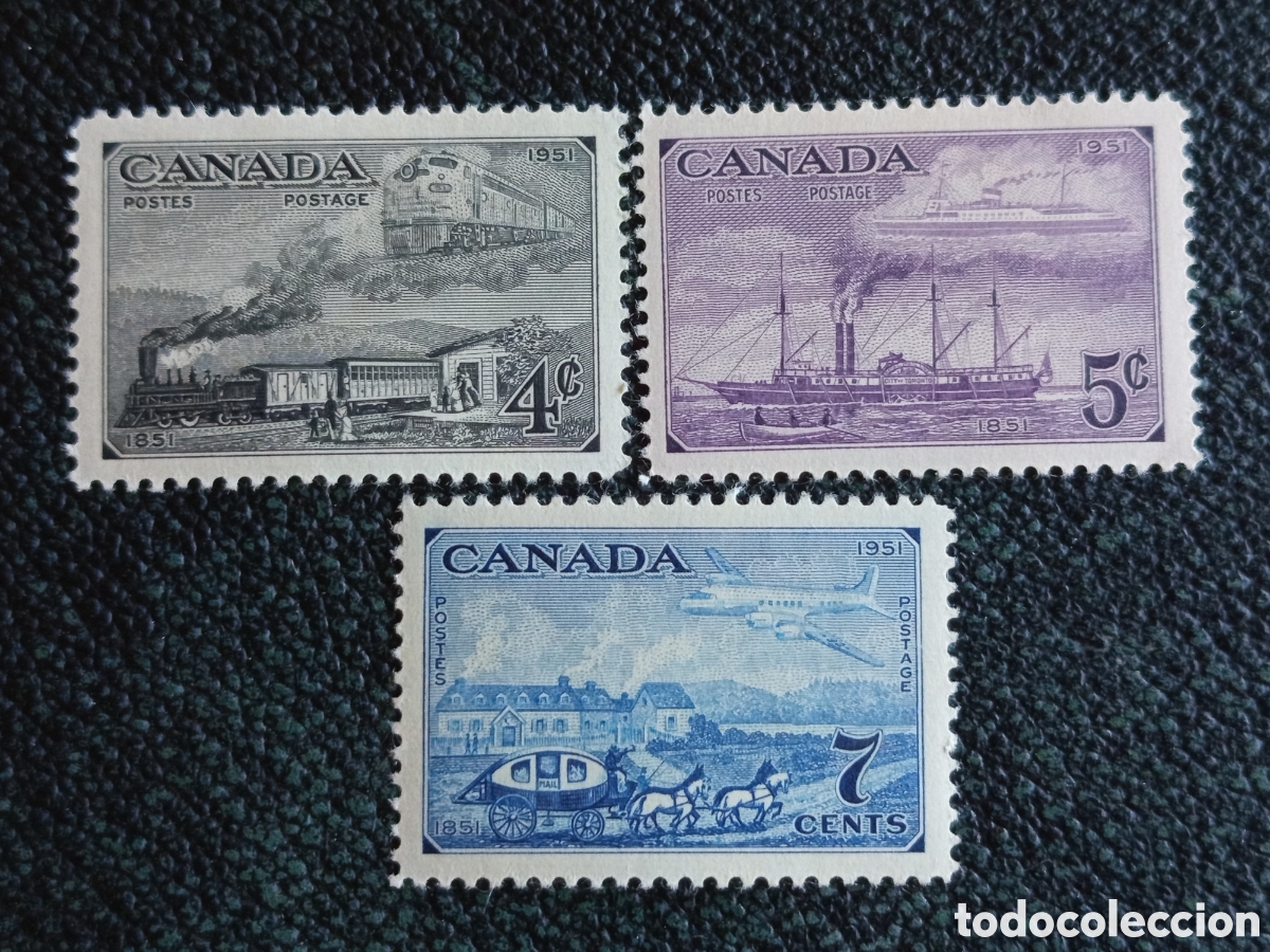 Sellos: Canad&aacute; 1951 - Set 3v Evoluci&oacute;n del Correo Tren Barco Avi&oacute;n Nuevos MH Cat. Scott (