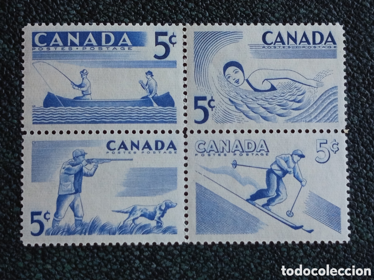 Sellos: Bloque 4 Sellos Canad&aacute; 1957 Deportes Nataci&oacute;n Esqu&iacute; Caza Nuevos MNH (Scott 368a)