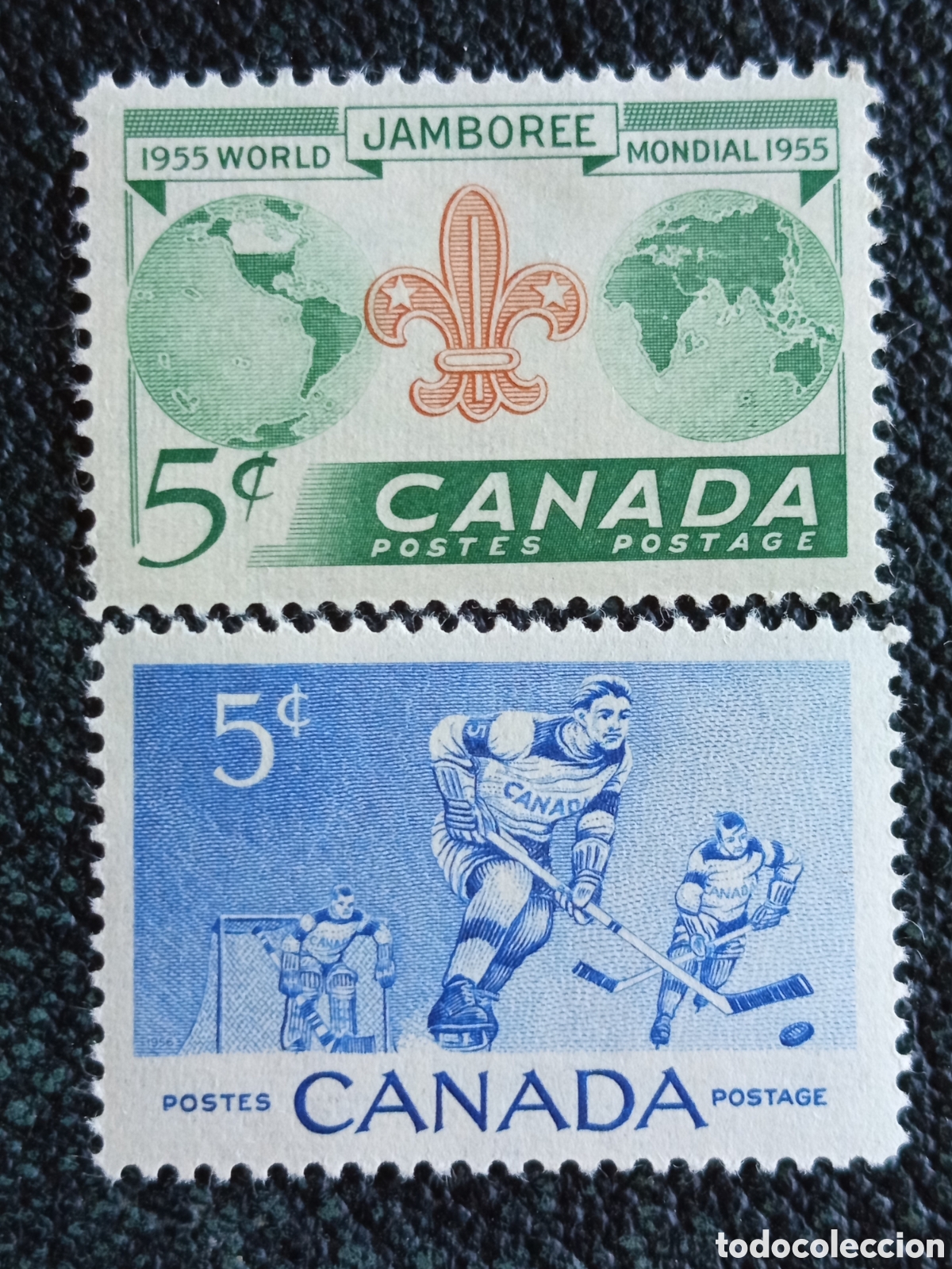 Sellos: Pareja Sellos Canad&aacute; 1955-56 Jamboree Scout y Hockey Hielo Nuevos MH (Scott 356/358)