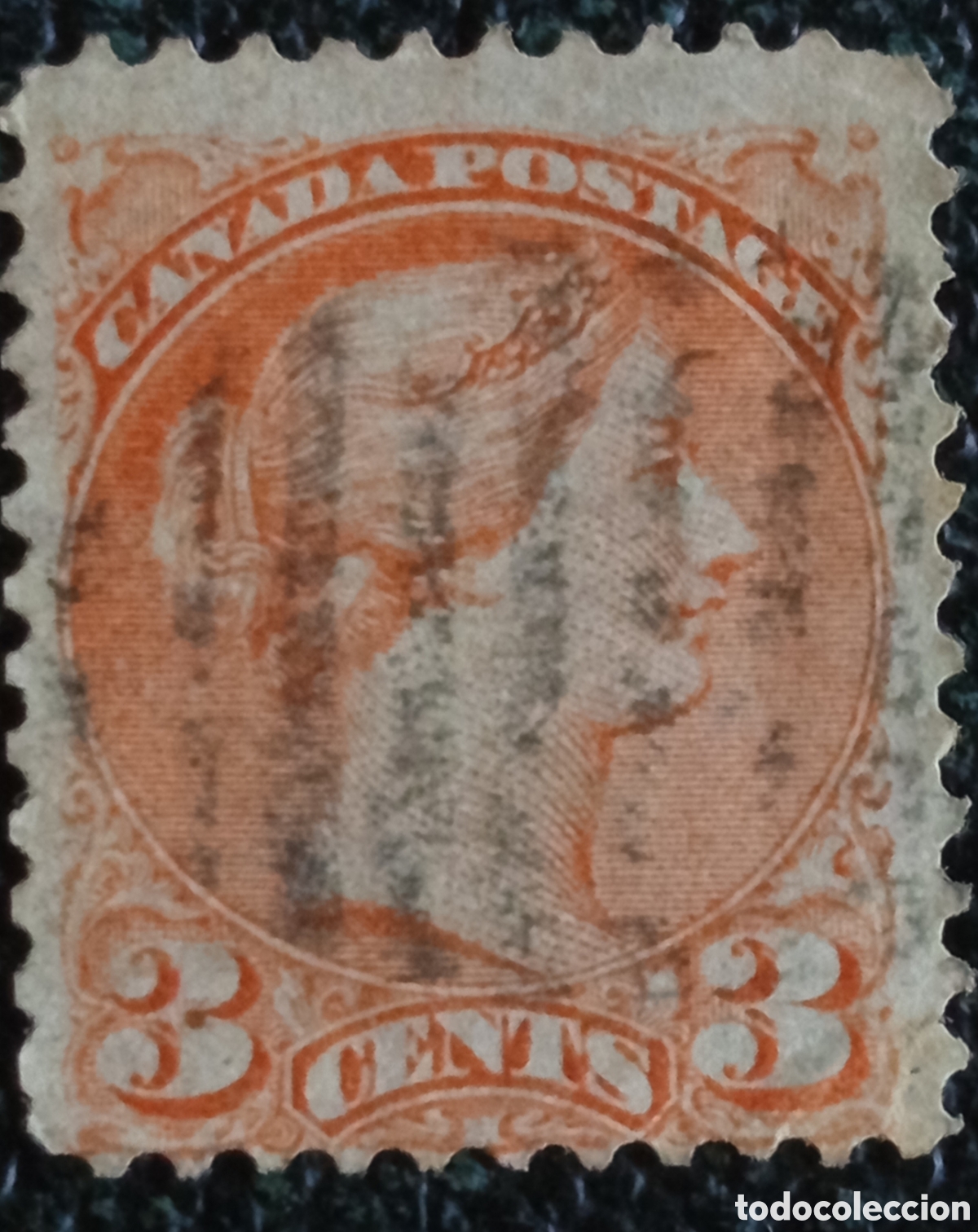 Sellos: Canad&aacute; 1870 Reina Victoria 3 Cents Rojo Anaranjado Usado Scott 37 Unitrade 37