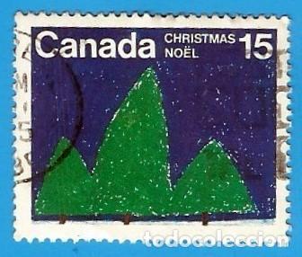 Sellos: Canada. 1975. Scott # 679. Navidad. Dibujo infantil. Arboles