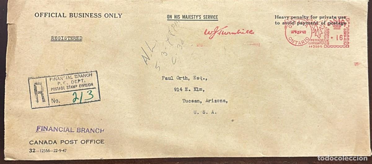 Timbres: MI) 1948 CANADA, MECHANICAL POSTAGE, REGISTERED, COVER SENT FROM ONTARIO TO ARIZONA.