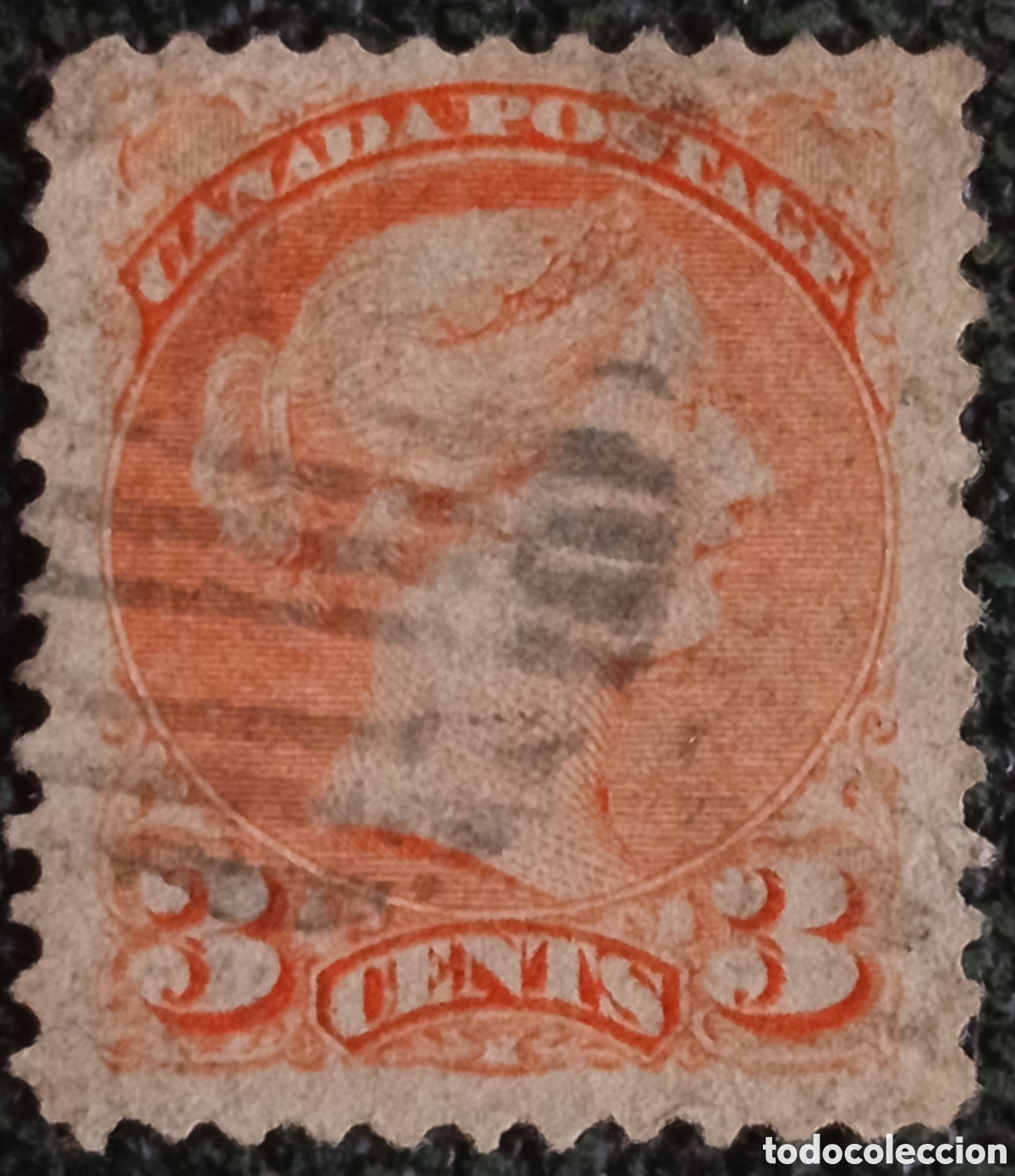 Sellos: Sello Canad&aacute; 1873 Reina Victoria 3 Cents Rojo Anaranjado Usado Scott 37