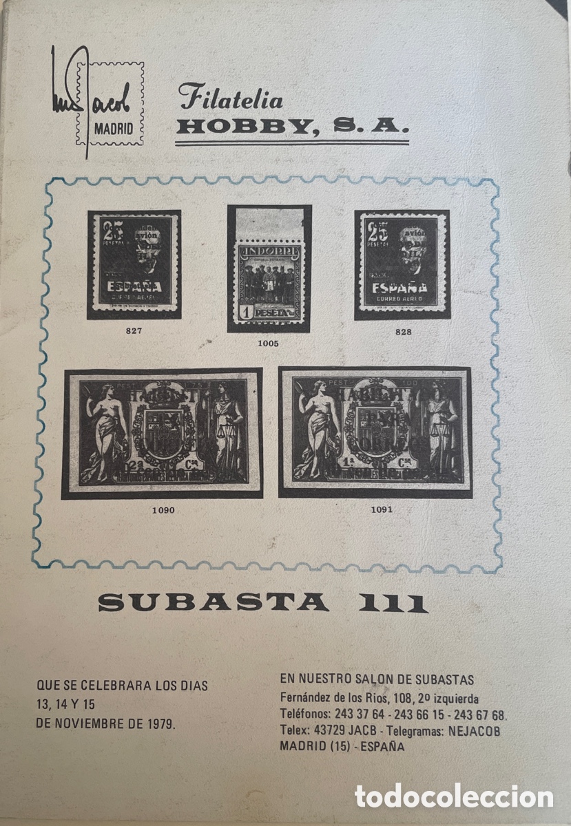 Sellos: Cat&aacute;logo Subasta 111 N&eacute;stor Jacob, Madrid. 13/15 de noviembre de 1979.