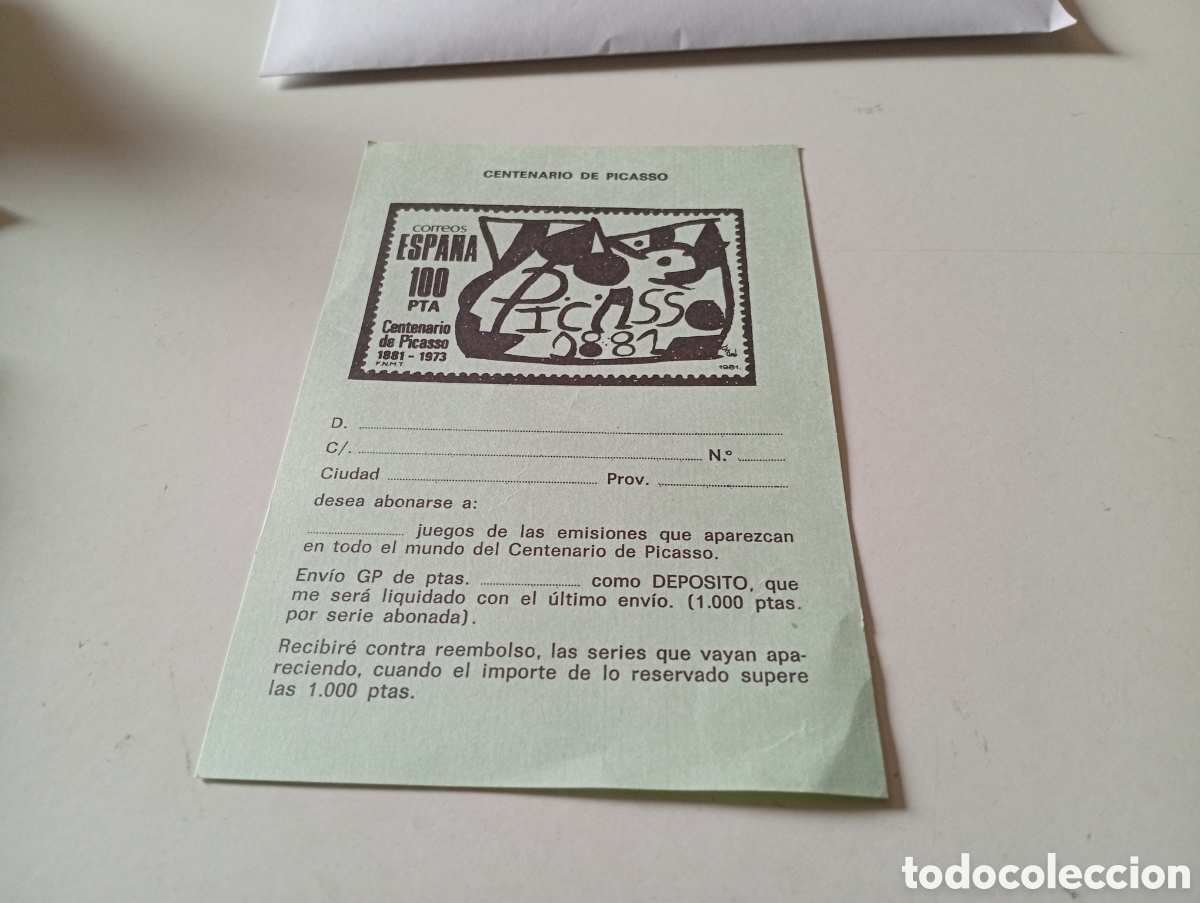 Sellos: Boleta suscripci&oacute;n centenario de Picasso, filatelia