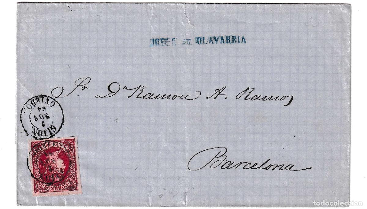 Sellos: 1864. Envuelta de Gij&oacute;n a Barcelona