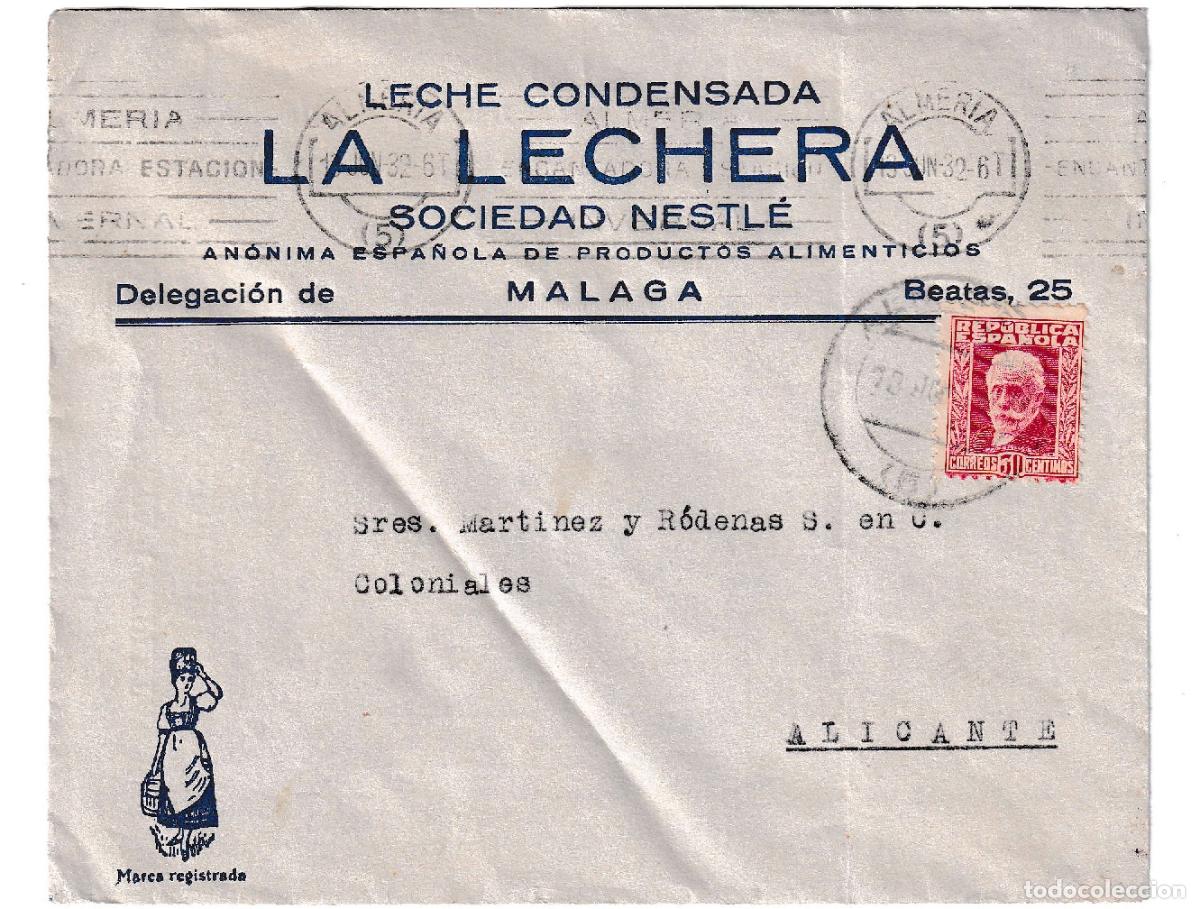 Sellos: 1932. Sobre publicitario de Nestl&eacute; &rdquo;Marca la Lechera&rdquo; de Almer&iacute;a a Alicante